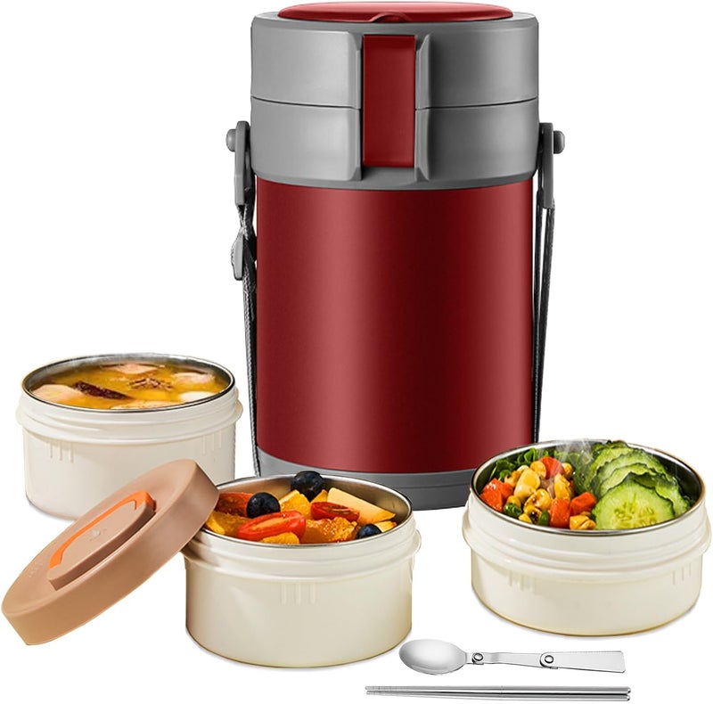TTrpuon 82oz Thermo Container For Hot Food, 3 Tier Wide Mouth Insulated Stackable Food Container, lunch box for Work Office Outdoors Picnic (RED) - Image 1